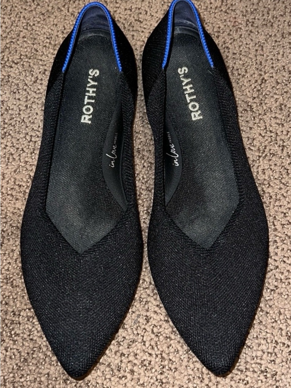 Rothy's Black Pointed Toe Flats with Blue Trim